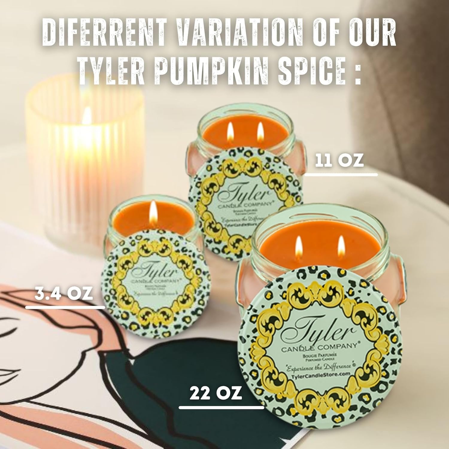 Tyler Candle Company Orange Pumpkin Spice Wax Scented Candles in Glass Jar,11oz - Halloween Candles - - Pack of 1 with Keychain