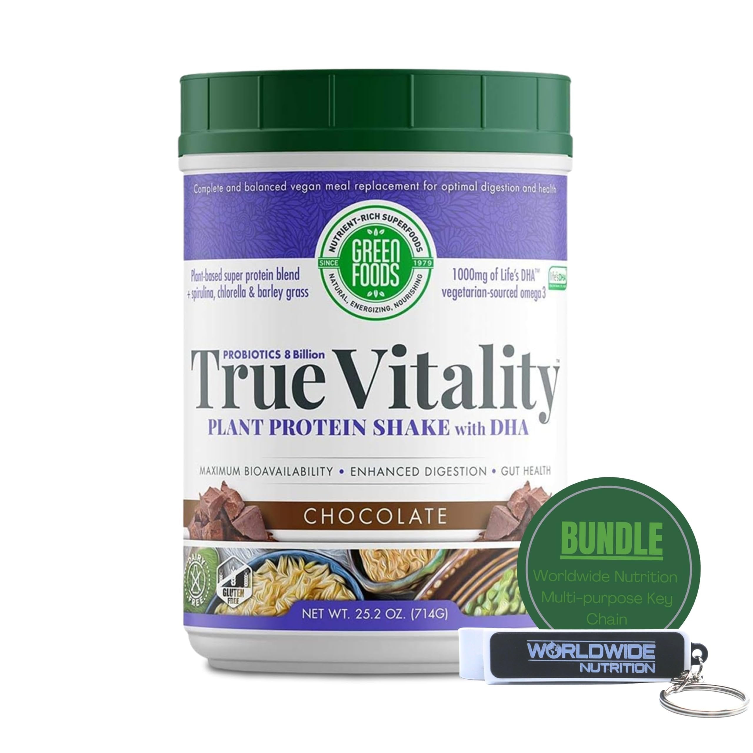 Green Foods True Vitality Plant Protein Shake with DHA Chocolate- 25.2 oz Protein Powder Gluten Free Breakfast Shake Powder and Multi-Purpose Key Chain