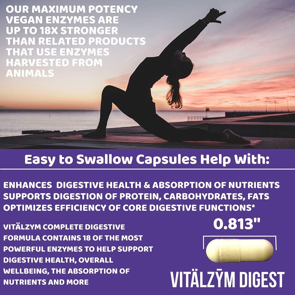 Vitalzym Digest | Powerful Digestive Enzyme Formula, Naturally Boosts Breakdown of Complex Proteins, Fats, Carbohydrates and Promotes Normal Metabolism | Increases Wellbeing & Gut Health (60 Capsules)