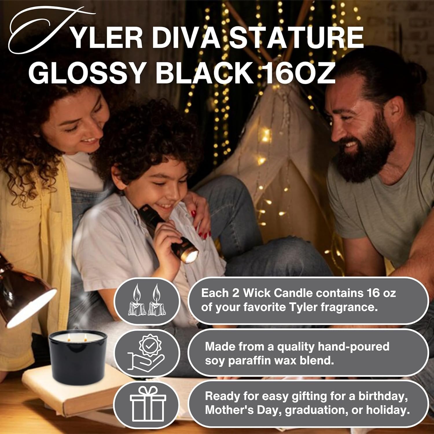 Tyler Candle Company Stature Diva Scented Candle - Glossy Black Jar - 16 oz - Burn Time up to  75hrs