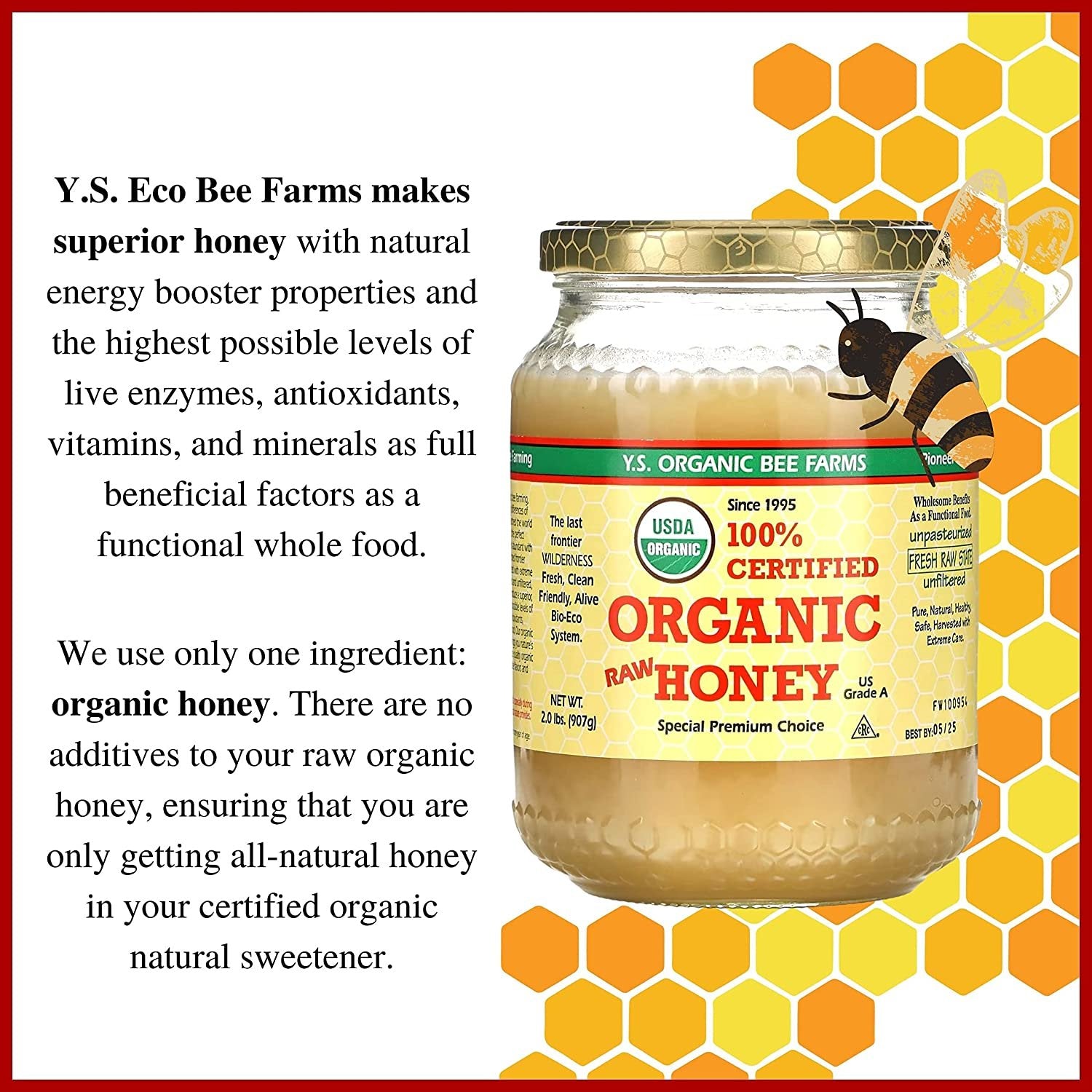 Y.S. Organic Bee Farms, 100% Certified Y.S. Organic Raw Honey, Unpasteurized, Unfiltered, Fresh Raw State, Kosher, Pure, Natural, Healthy, Safe, Gluten Free, Harvested with Extreme Care, 2 Lb (6)