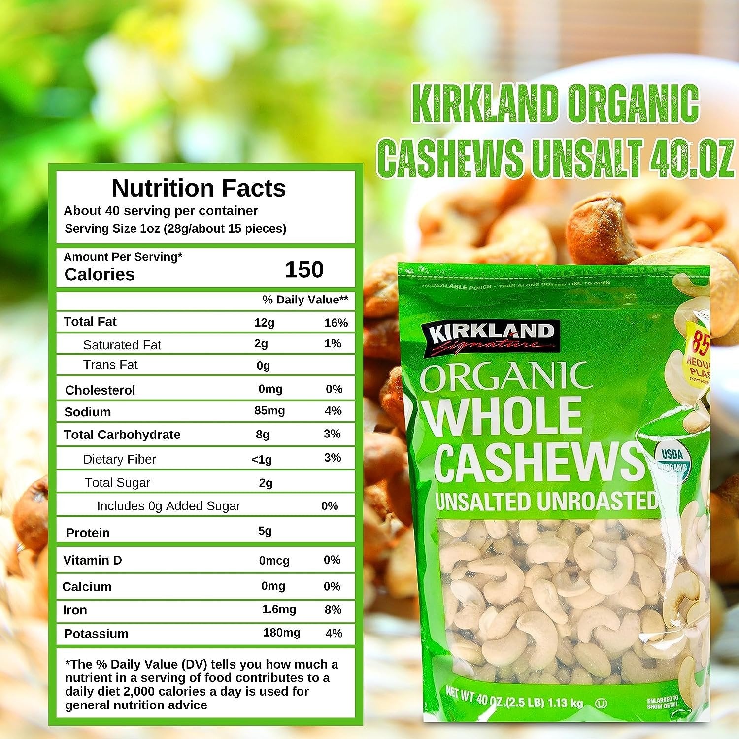 Kirkland Signature Organic Whole Cashews Unsalted Unroasted - Perfect for Snacking, Cooking, and Gifting - 40 oz with Multi-Purpose Keychain