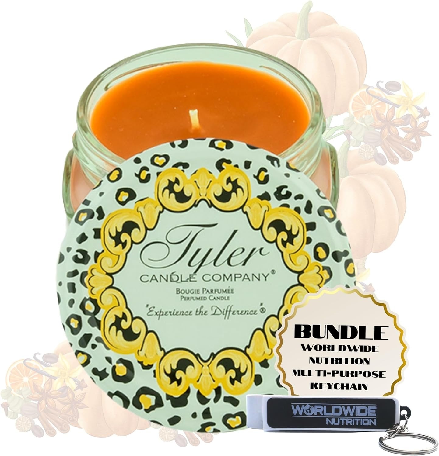 Tyler Candle Company Pumpkin Spice Scented Candle in a Glass Jar, 3.4 oz - Pack of 1 with Keychain