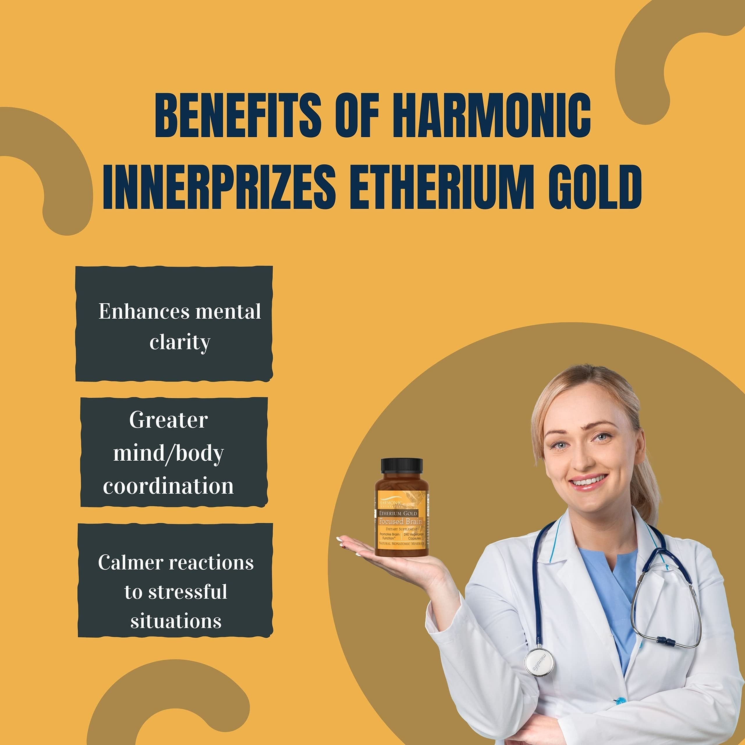 Harmonic Innerprizes Etherium Gold Focused Brain Dietary Supplement - 240 Count Veggie Capsules - Focus, Mood, Brain & Memory Support Supplement with Natural Monatomic Gold Capsules w Bonus Key Chain