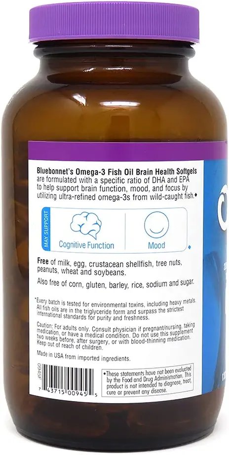 Bluebonnet Nutrition Omega-3 Brain Formula Natural Wild Caught Triglyceride Form DHA 1000 mg EPA 210 mg - Highly Concentrated Cognitive Health & Wellness Support Supplement - Gluten-Free - 120 Softgels - Pack of 1