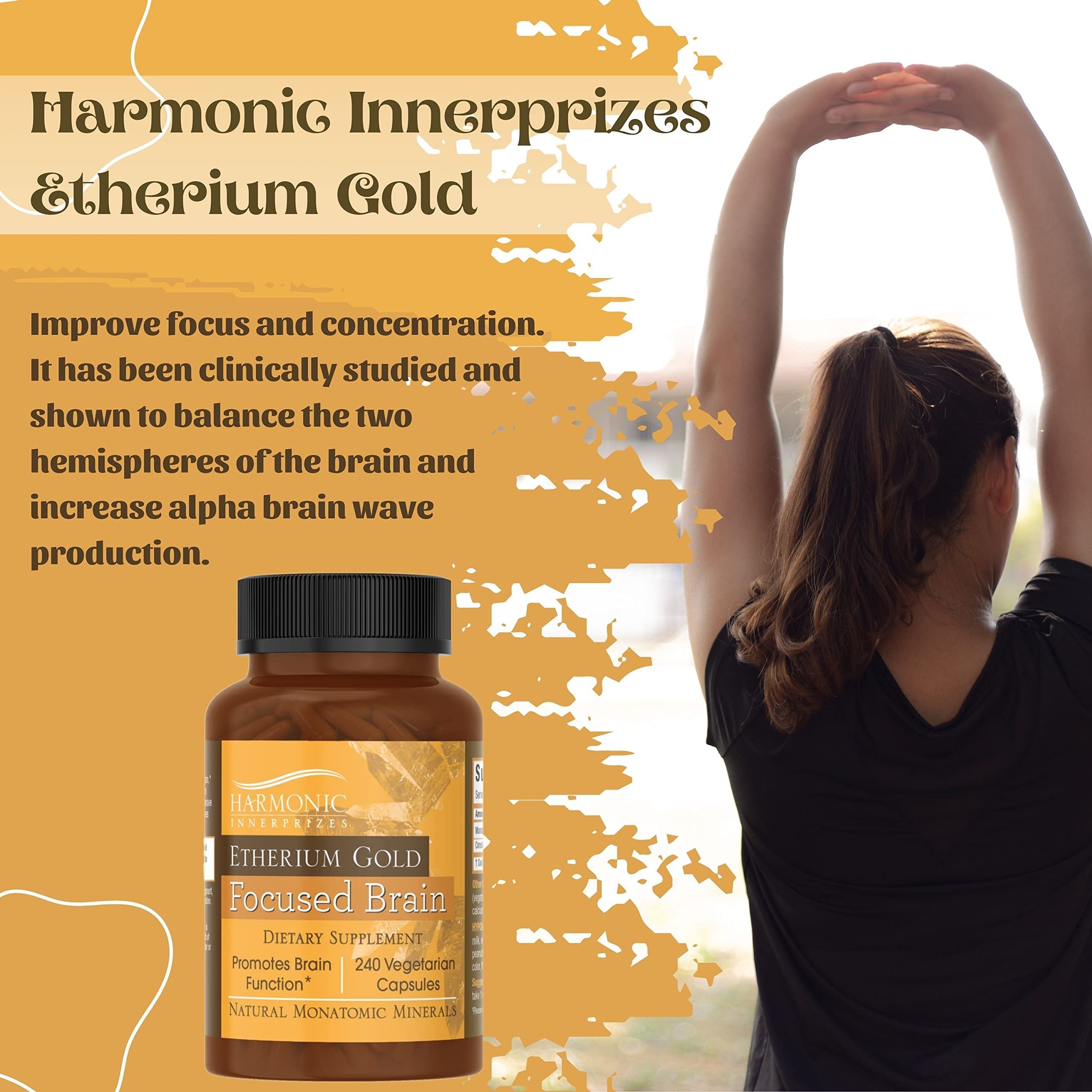 Harmonic Innerprizes Etherium Gold Focused Brain Dietary Supplement - 240 Count Veggie Capsules - Focus, Mood, Brain & Memory Support Supplement with Natural Monatomic Gold Capsules w Bonus Key Chain