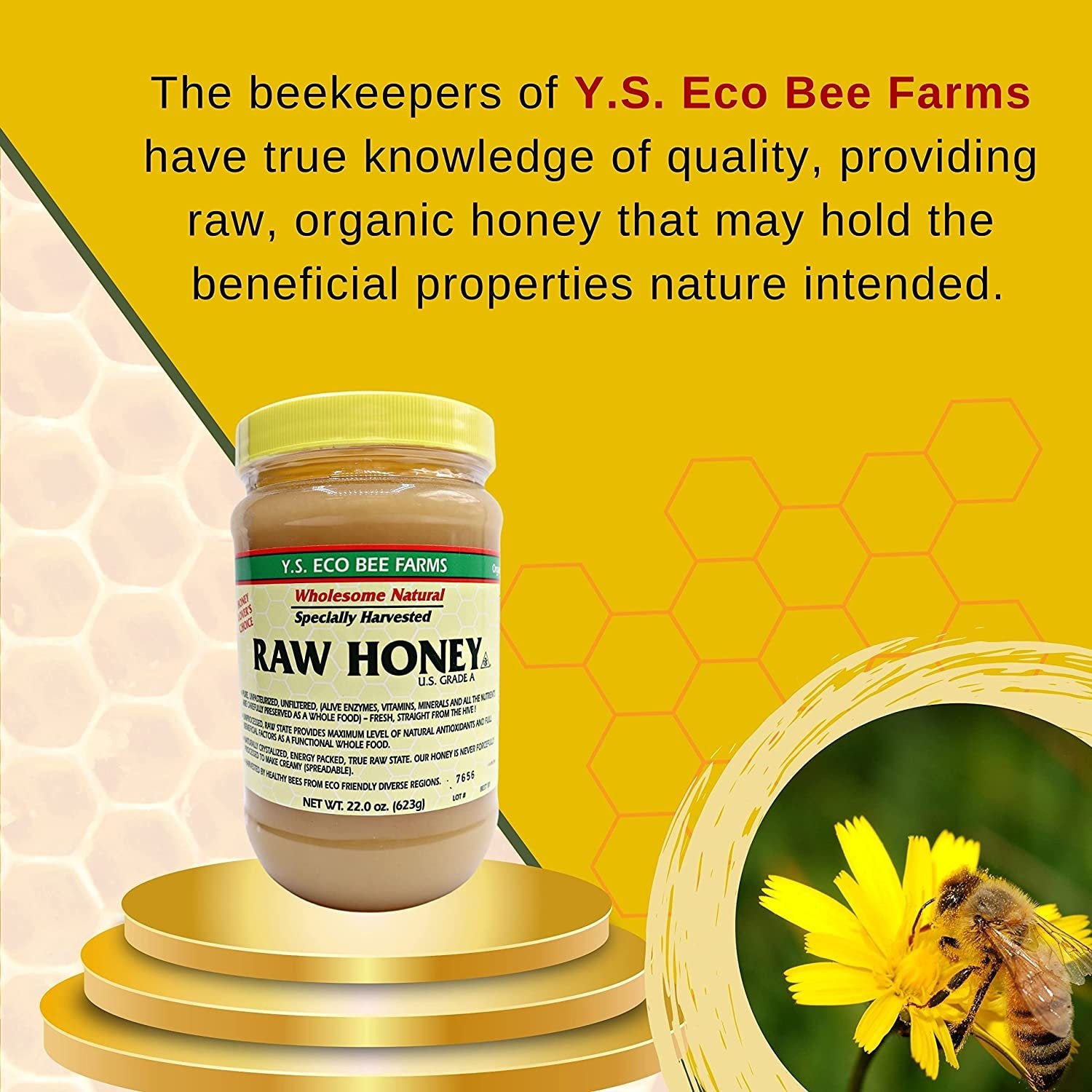 Y.S. Eco Bee Farms, Y.S. Organic Bee Farms, Wholesome Natural Raw Honey, Unpasteurized, Unfiltered, Fresh Raw State, Kosher, Pure, Natural, Healthy, Safe, Gluten Free, Specially Harvested, 22oz - 4pk