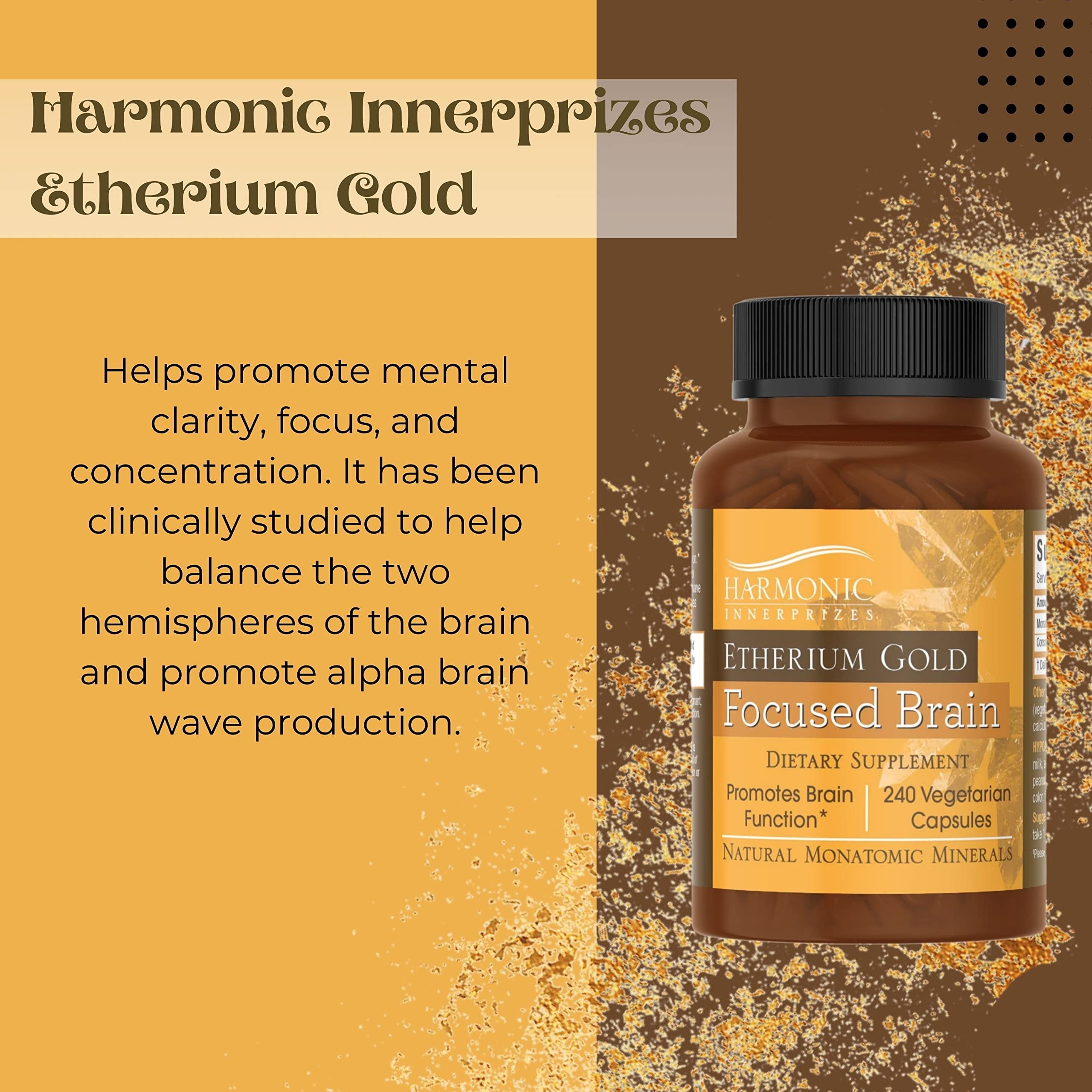 Harmonic Innerprizes Etherium Gold Focused Brain Dietary Supplement - 240 Count Veggie Capsules - Focus, Mood, Brain & Memory Support Supplement with Natural Monatomic Gold Capsules w Bonus Key Chain