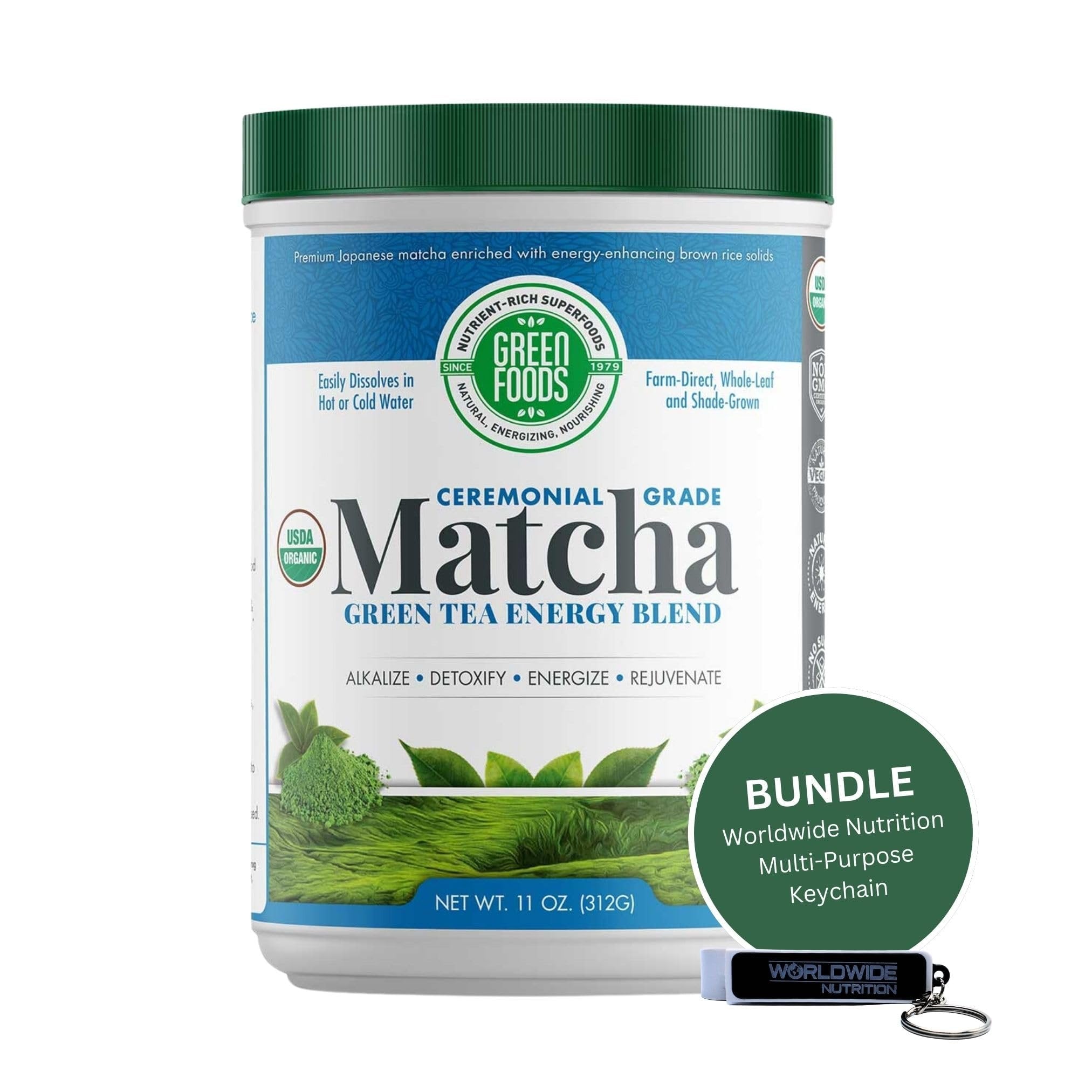 Green Foods Ceremonial Grade Organic Matcha Green Tea Energy Blend Powder, 11 oz - Gluten-Free - Pack of 1 with Keychain