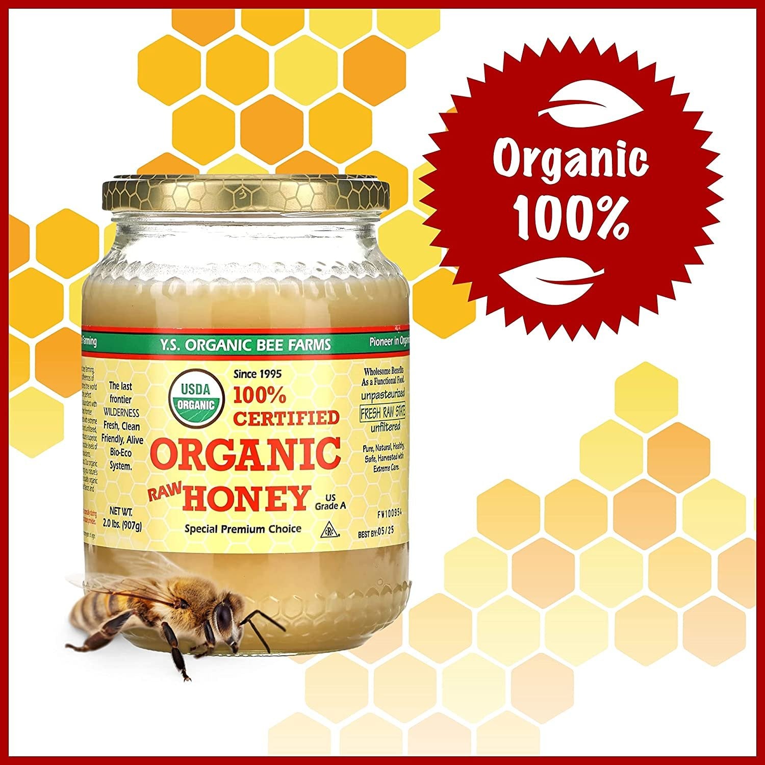 Y.S. Organic Bee Farms, 100% Certified Y.S. Organic Raw Honey, Unpasteurized, Unfiltered, Fresh Raw State, Kosher, Pure, Natural, Healthy, Safe, Gluten Free, Harvested with Extreme Care, 2 Lb (6)