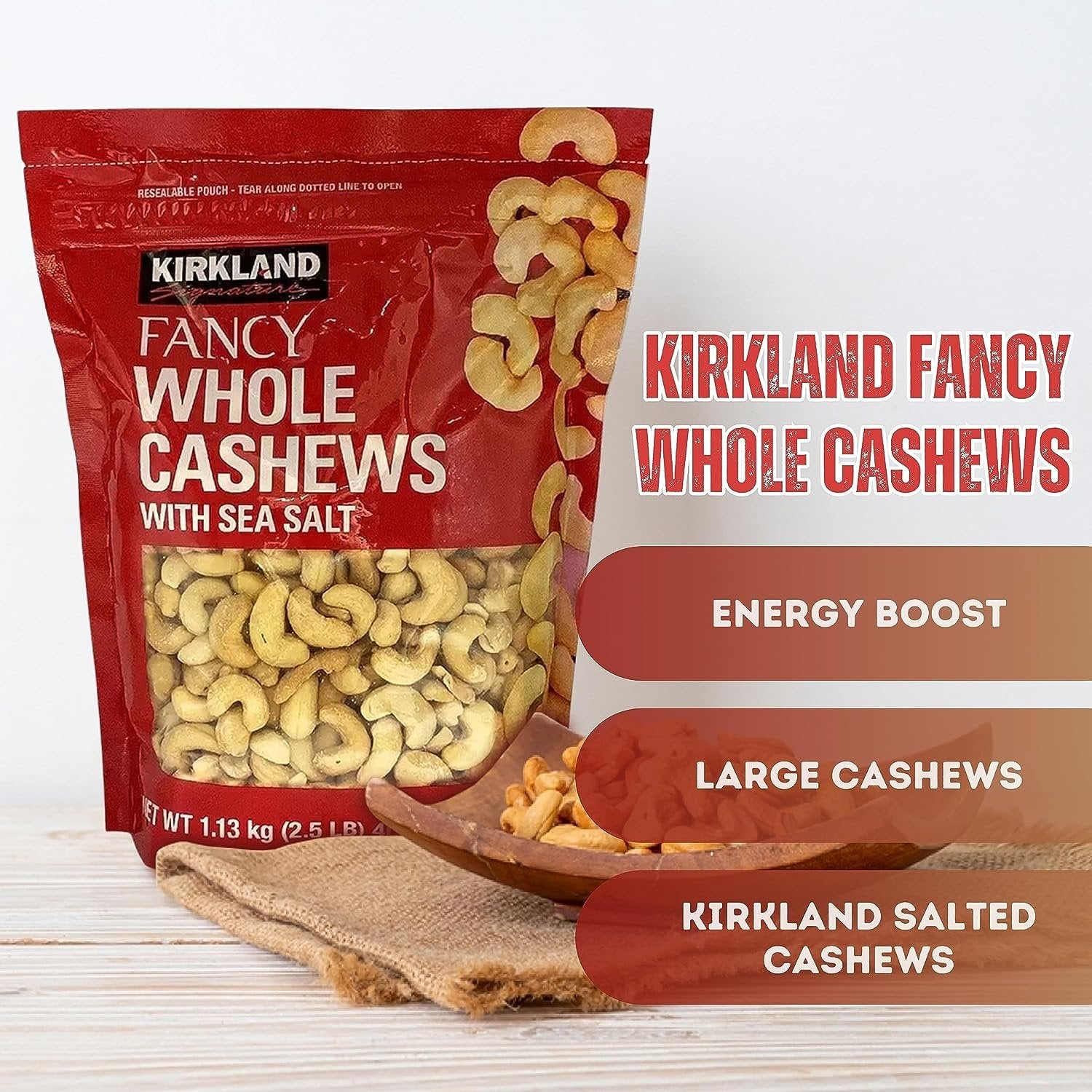 Kirkland Fancy Whole Cashews - Kirkland's Finest Selection of Large Whole Cashews Lightly Salted - Unforgettable Flavor Experience Cashew Nuts - 40oz Premium Cashew Snacks