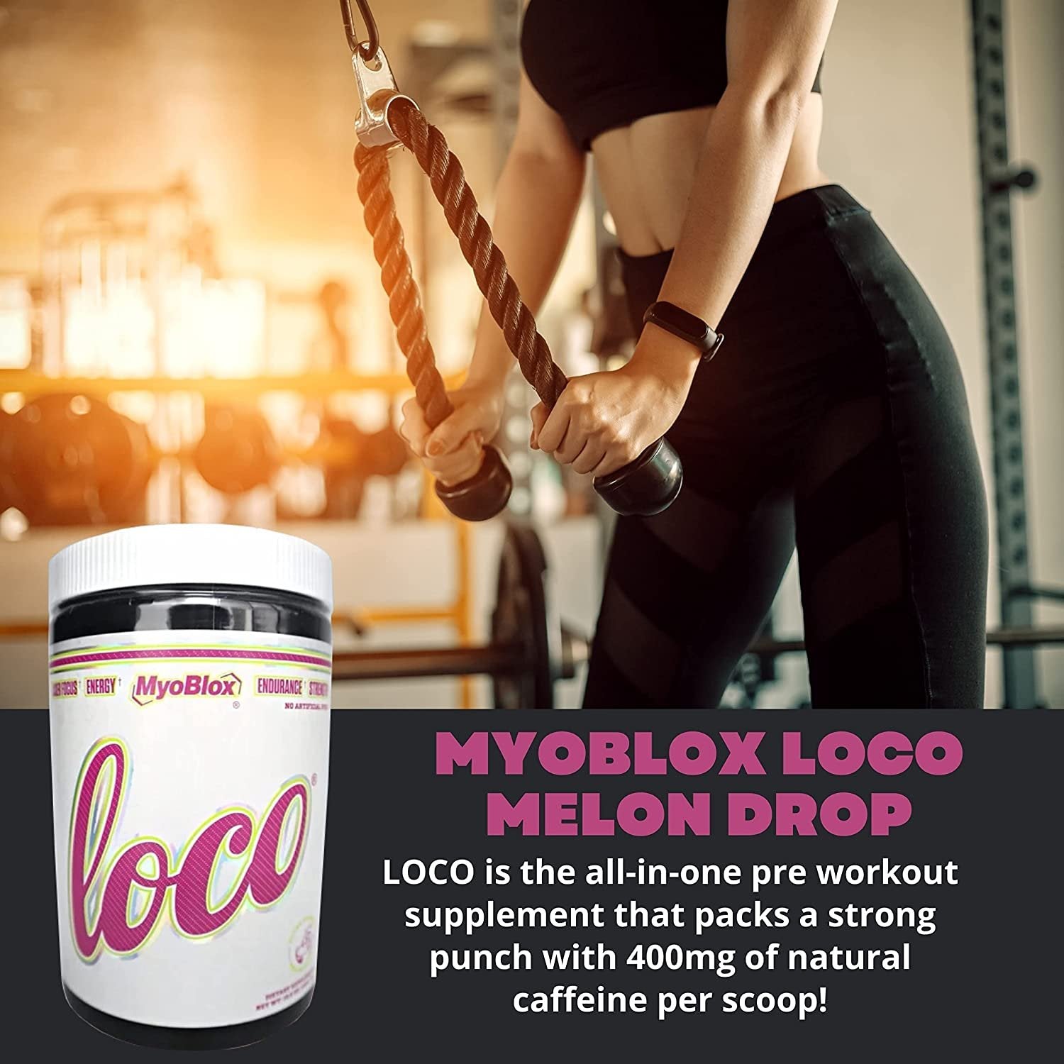 MyoBlox LOCO Pre-Workout Nitric Oxide Booster | Supports Muscle Pumps & Enhanced Vascularity | for Energy, Focus & Intensity | 400mg of Natural Caffeine per Scoop (Melon Drop) with Bonus Key Chain