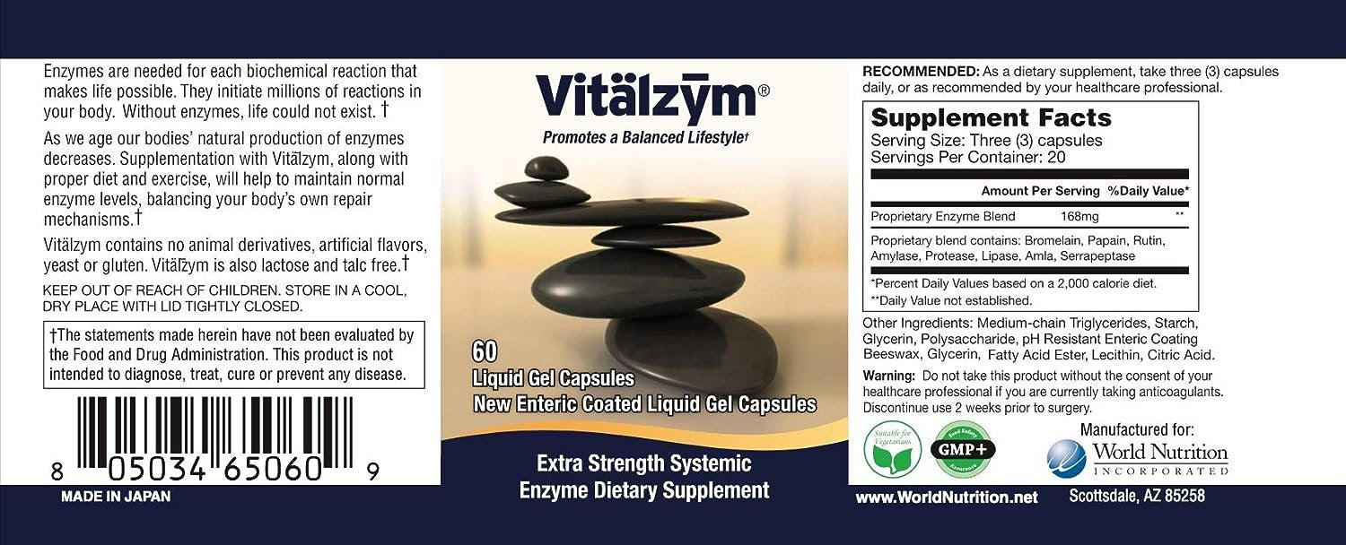 VITÄLZYM Proteolytic Systemic Enzymes Liquid Gel Capsules with Serrapeptase, Immune and Joint Support, Natural Ache Relief Plus Fertility Supplement (60 Capsules)